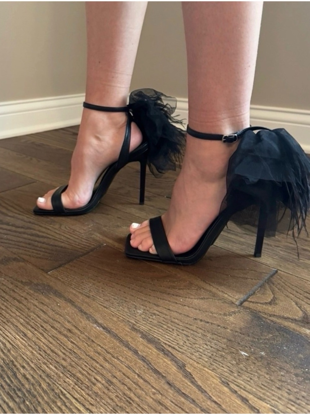 Azalea Wang Thora Black Feather Tulle Stiletto Heels Sandals